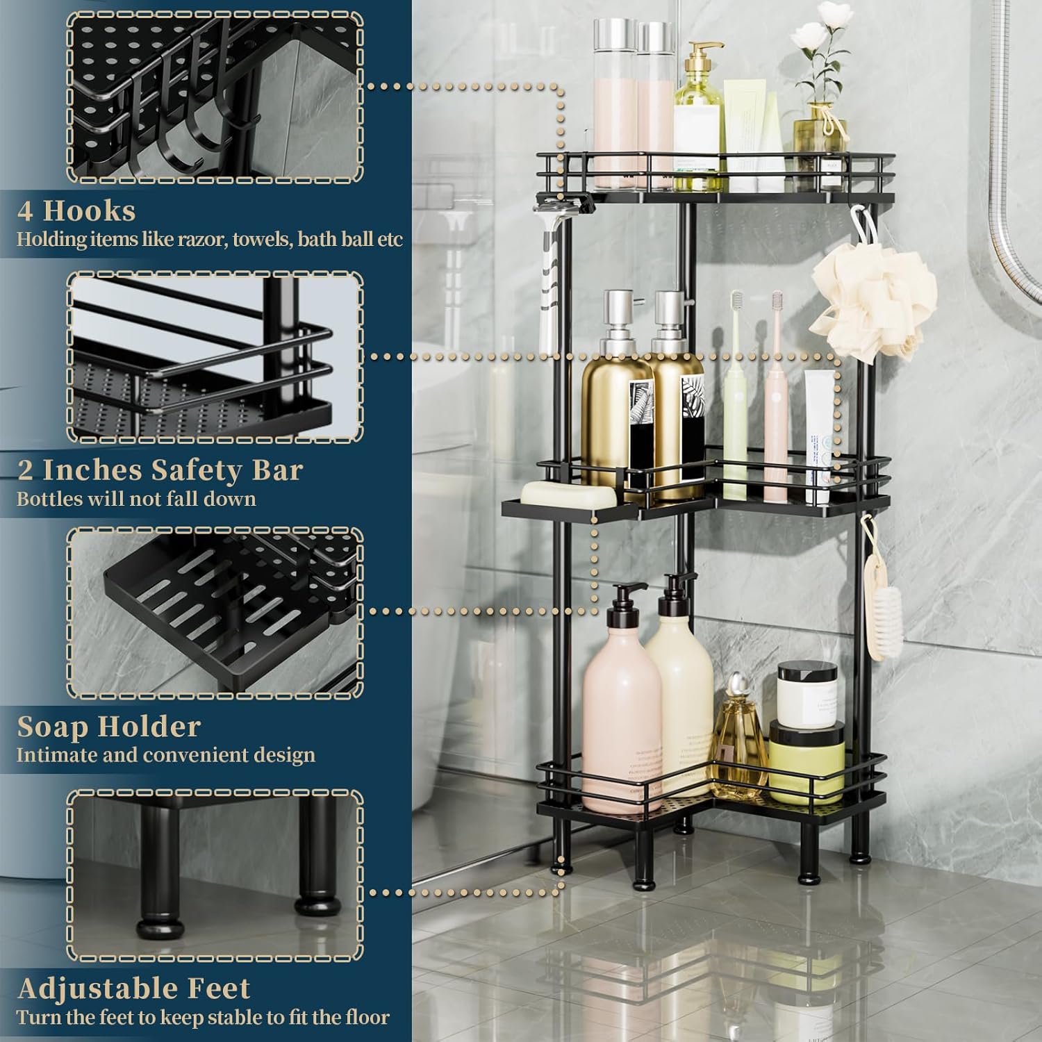 Corner Shower Caddy Standing - 3-Tier Stainless Steel Shower Organizer with Soap Holder and 4 Hooks, Large Capacity