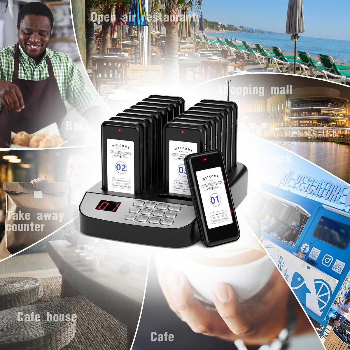 16-Buzzer Restaurant Pager System, Wireless Calling System with LCD Screen, Waterproof Queue Waiting Pagers for