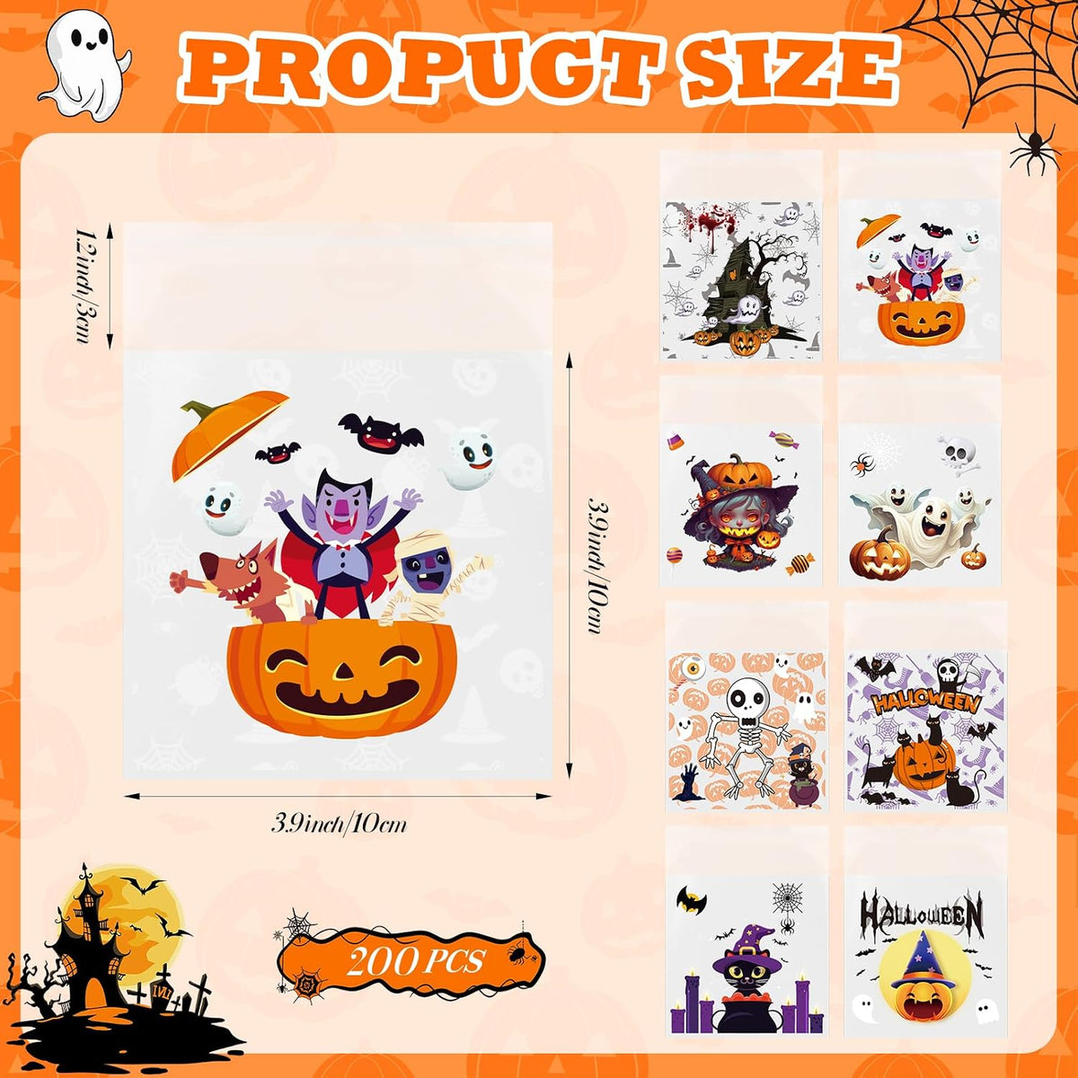 Halloween Treat Bags 200 PCS, Self Seal Cellophane Candy Bags (Set A)