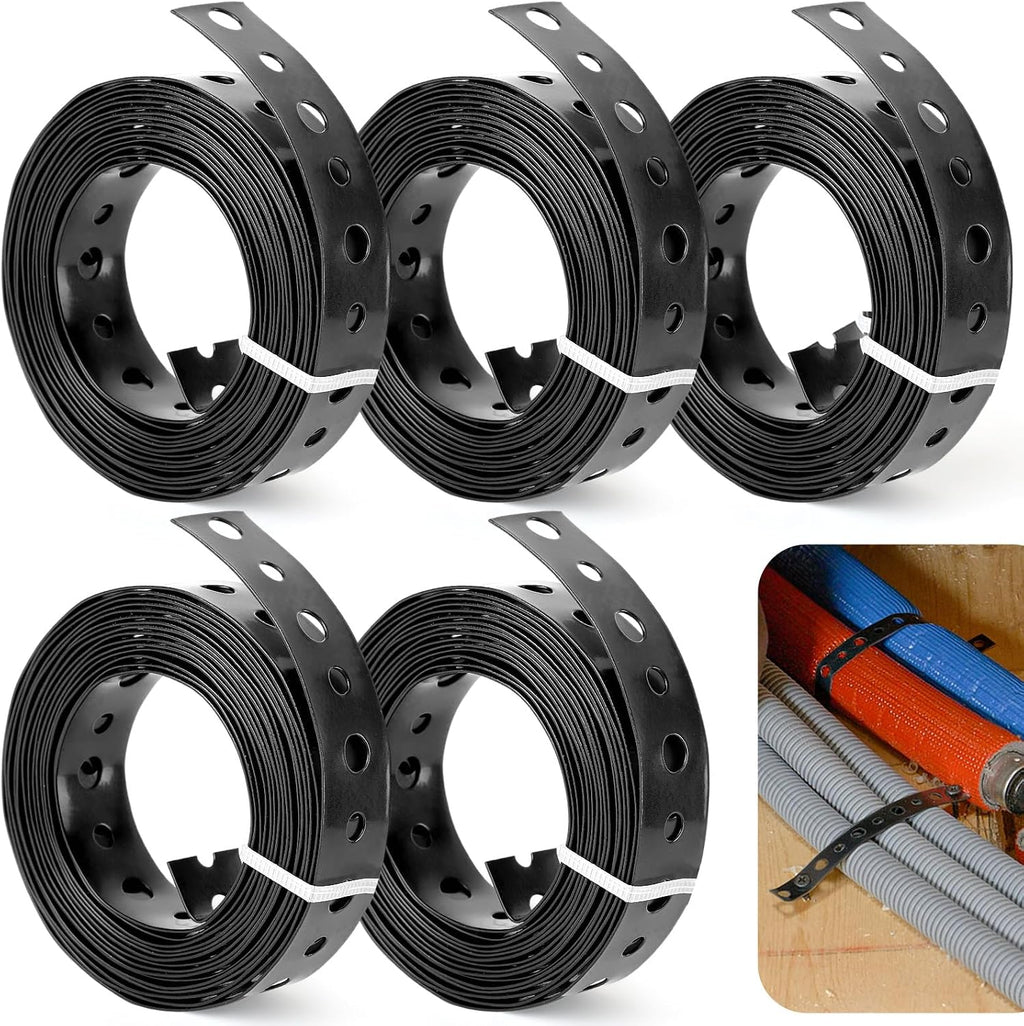 5 Rolls Black Metal Strapping with Holes, 3/4 Inch X 10 Feet 24 Gauge Galvanized Pipe Hanger Strap, Flexible Trimming