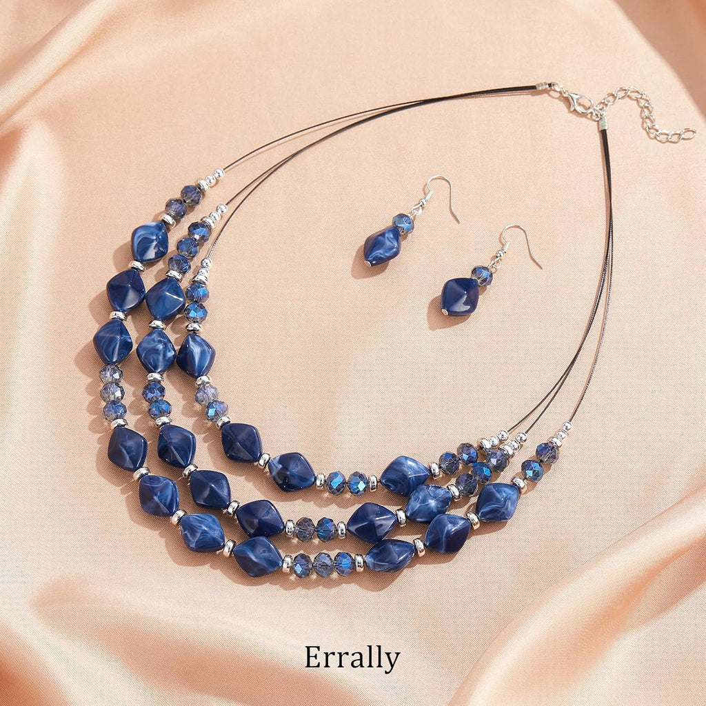 3 Layered Chunky Statement Necklace for Women Beaded Strand Necklaces with Earring Fashion Costumes Collar Necklace