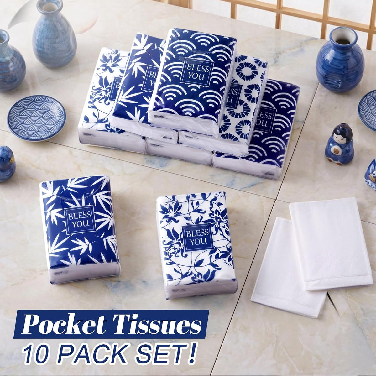 10 Packs Pocket Tissues, Blue Floral Bless You, 3 Ply, 80 Sheets