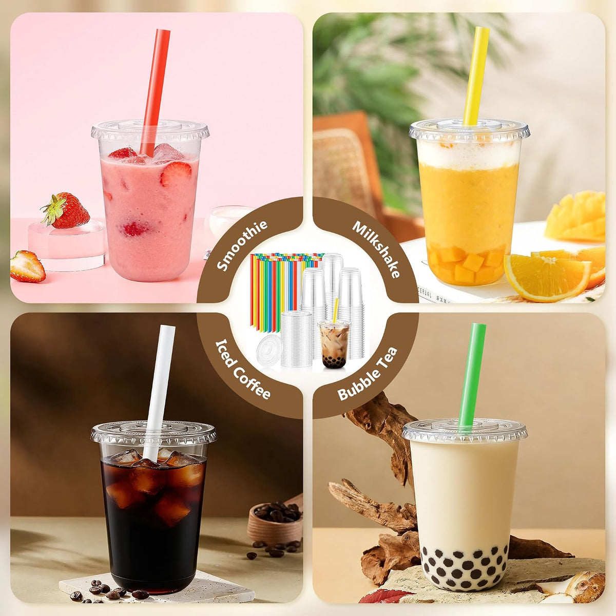 50Pack 16oz Clear Plastic Boba Cups with Lids and Colorful Straws