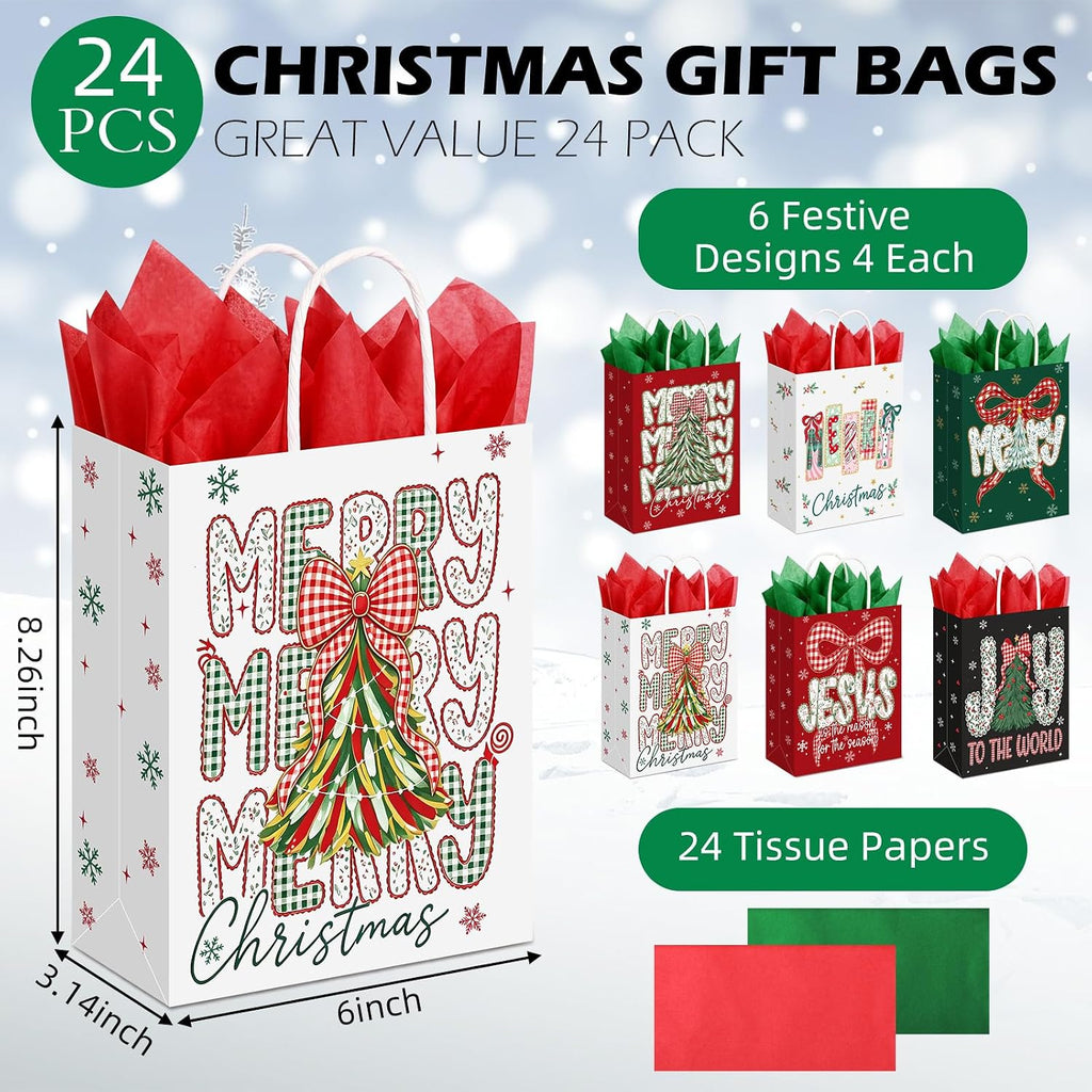 24 Pcs Christmas Gift Bags with Tissue Paper,Classic