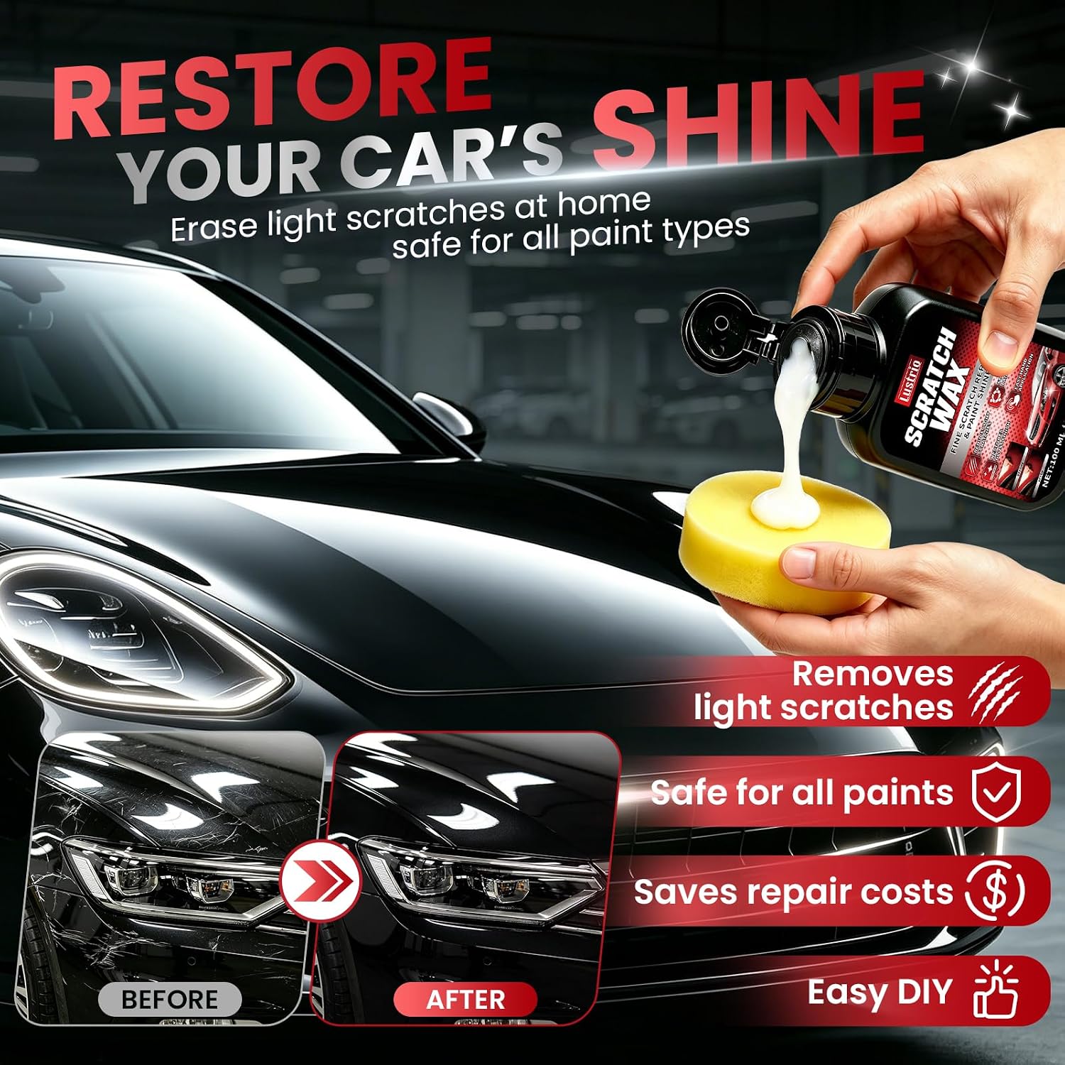 Scratch & Swirl Remover for Car Paint Repair – 3.4oz Clear Coat Safe Polishing Compound with Buffer Pad & Towels –