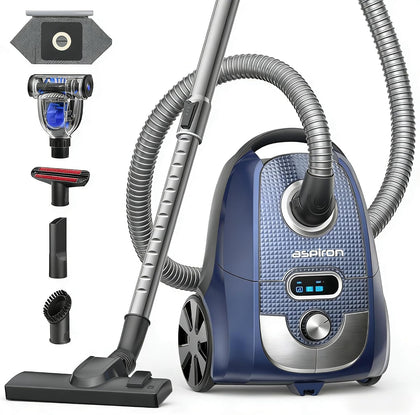 Canister Vacuum, 1600W/40KPA Canister Bagged Vacuum, 4QT Dust Bag, H13 HEPA Filter, 5 Tools, Pet-Friendly,Variable
