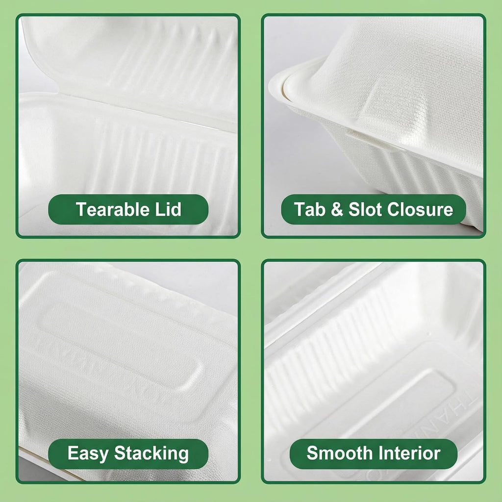 90 Pack 9"x 6" Compostable Clamshell Take Out Containers, Bagasse