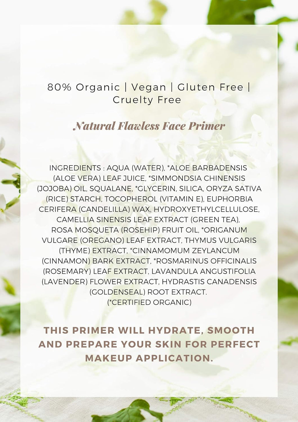Natural Flawless Face Makeup Primer, Organic, Vegan, Gluten Free, Non GMO