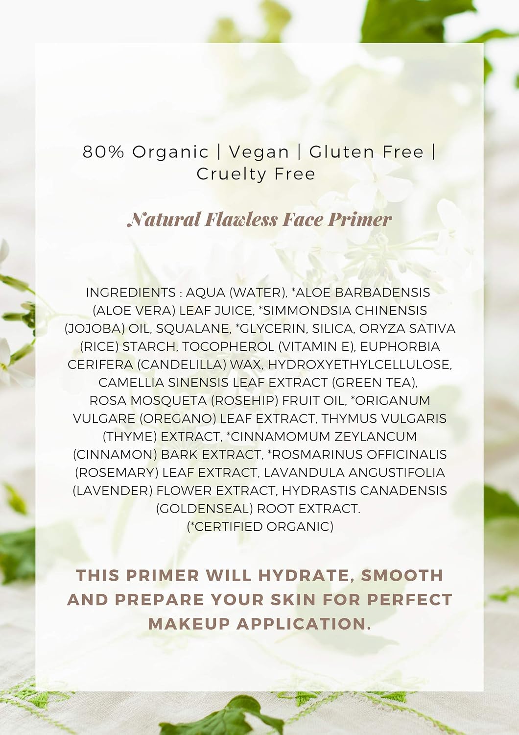 Natural Flawless Face Makeup Primer, Organic, Vegan, Gluten Free, Non GMO