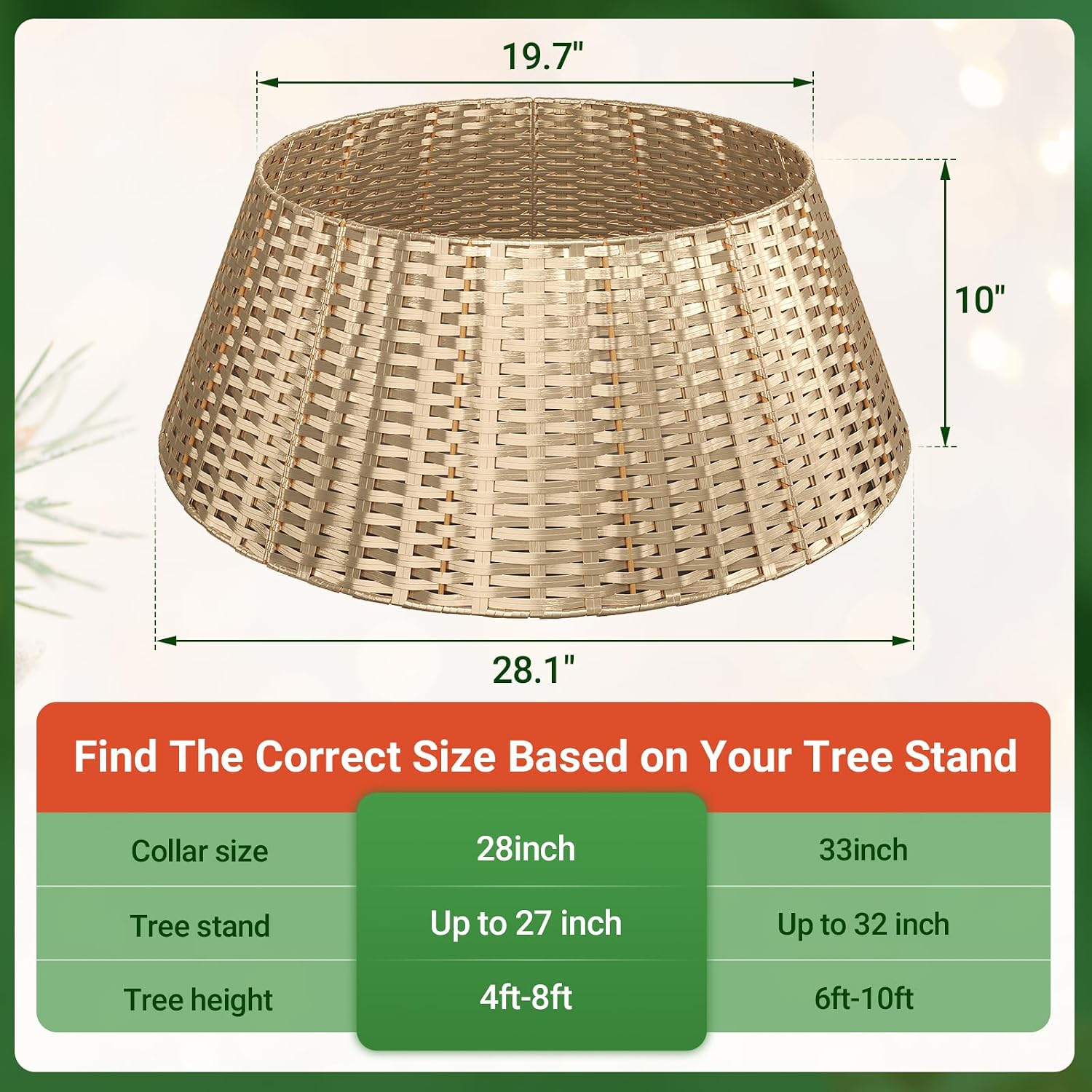 Gold Christmas Tree Collar, 28 Inch Woven Xmas Tree Skirt for 7.5 ft Trees, Stylish Rustic Basket for Tree Base Cover