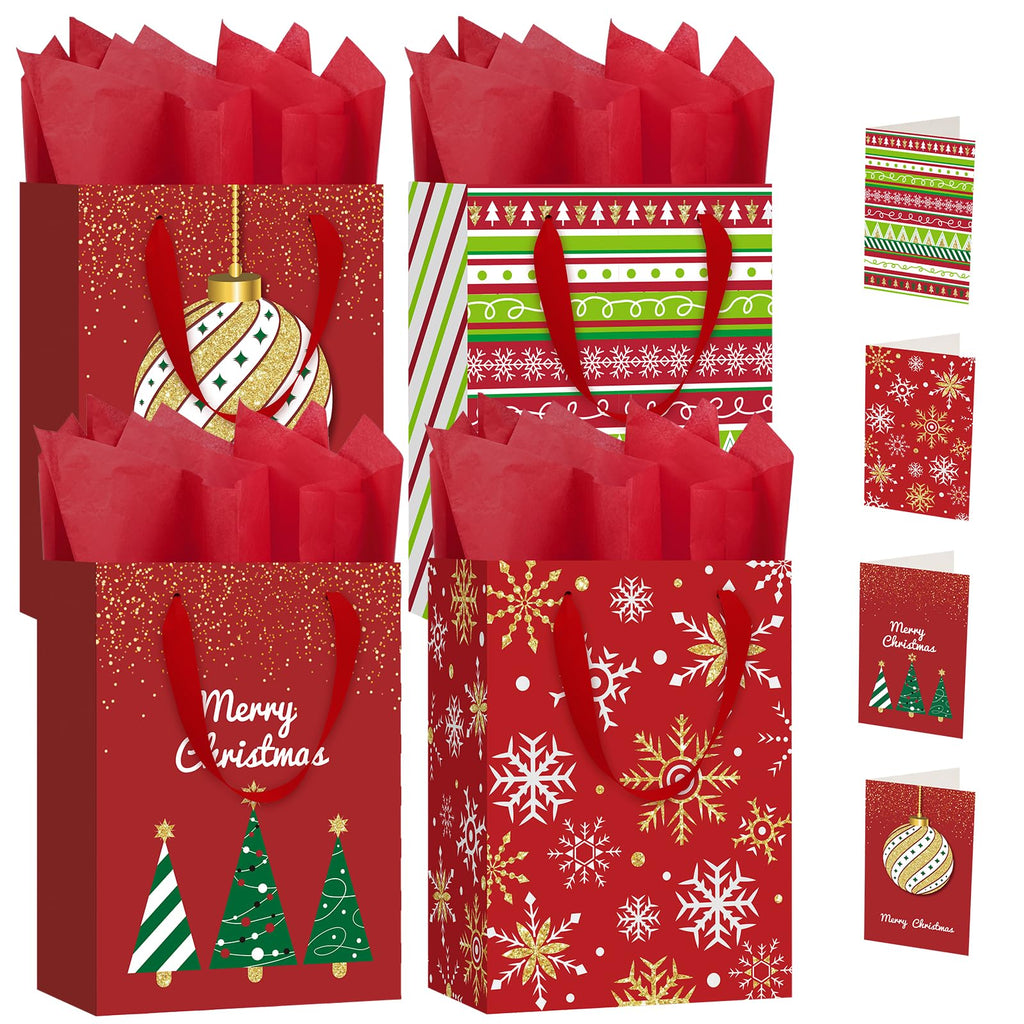 4 Pack 10.6" Christmas Red Gift Bags with Handles