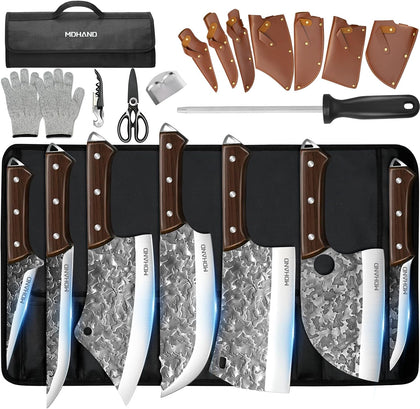 Butcher Knife Set, Hand Forged Butcher Chef Knife Set with Roll Bag