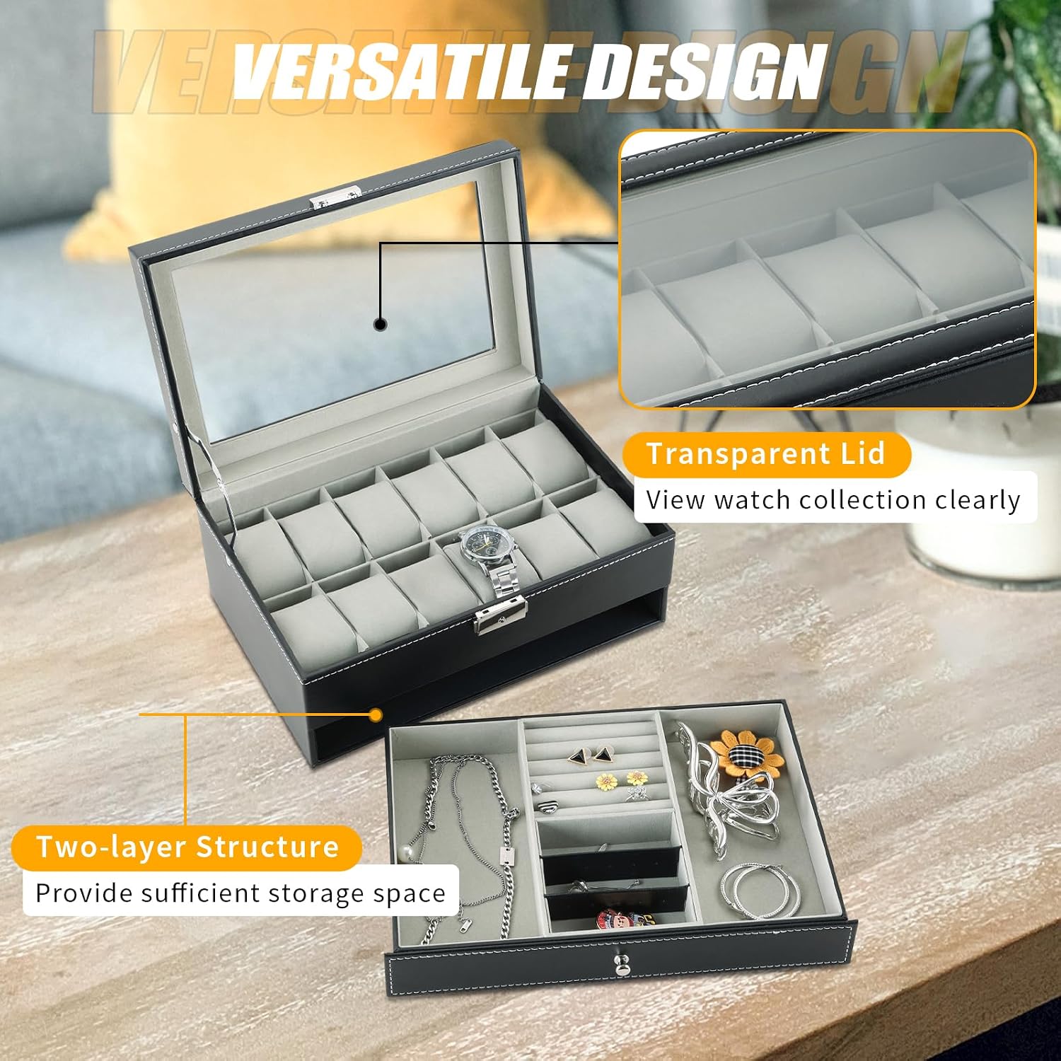 12 Slots Watch Case with Lockable Watch Jewelry Box for Women Men | Jewelry Display Case, Leather Watch Organizer