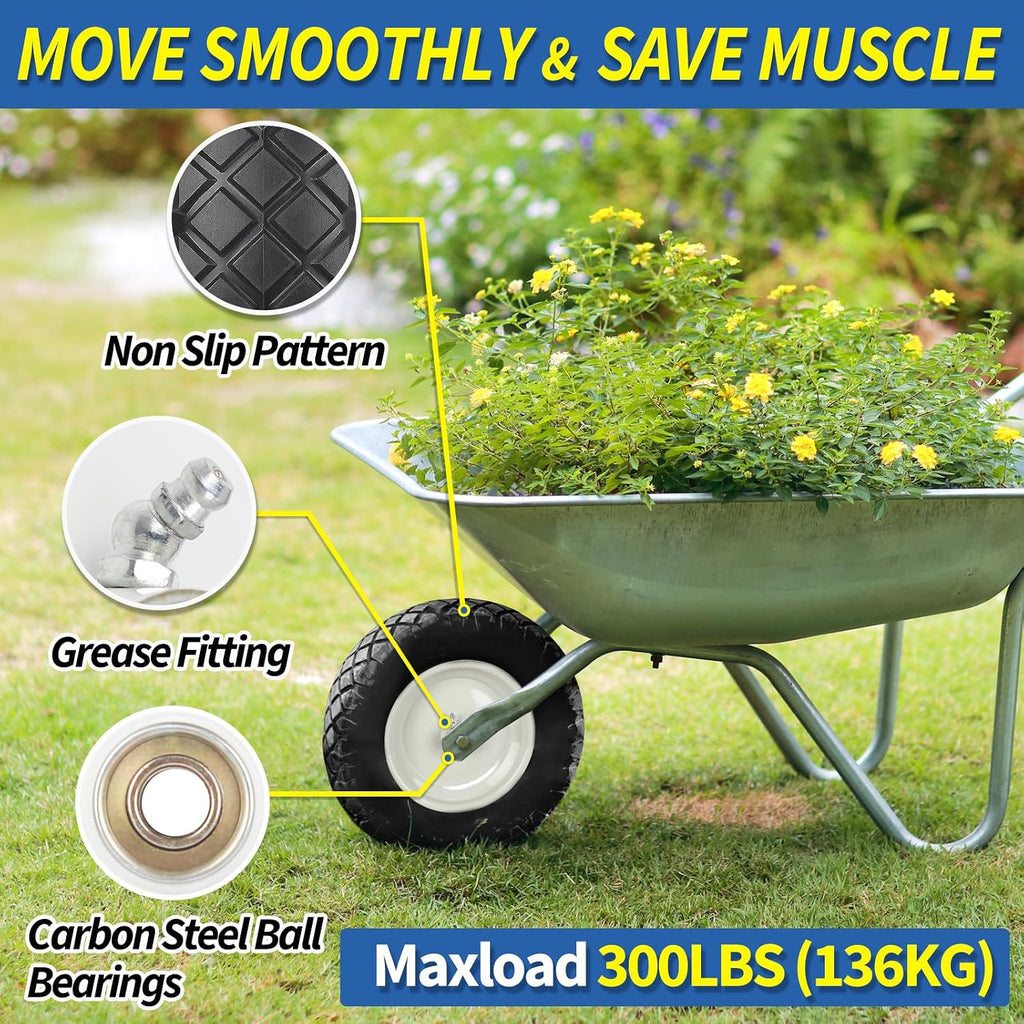 4.80/4.00-8" Wheelbarrow Tire, 16" Flat-Free Solid Tire and Wheel, 3" Centered Hub, 5/8" Axle Bore Hole, for Garden