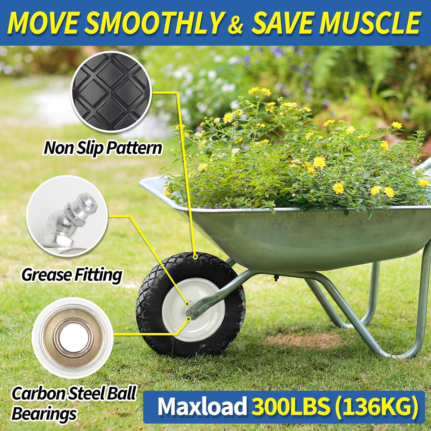 4.80/4.00-8" Wheelbarrow Tire, 16" Flat-Free Solid Tire and Wheel, 3" Centered Hub, 5/8" Axle Bore Hole, for Garden