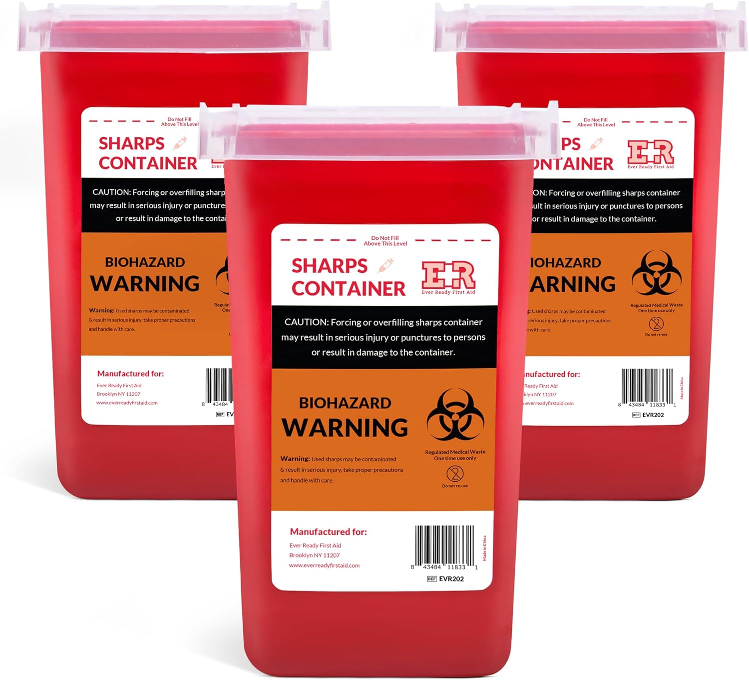 3 Count Sharps Container with Split Lid Design and Locking Mechanism for Sharp Waste Disposal, 1 Quart