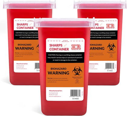 3 Count Sharps Container with Split Lid Design and Locking Mechanism for Sharp Waste Disposal, 1 Quart