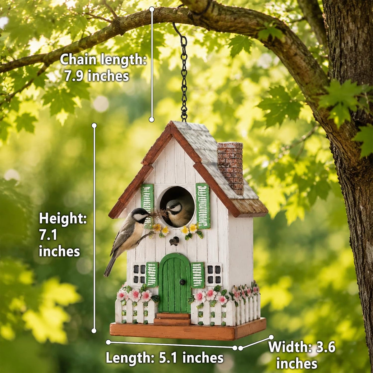 Bird Houses for Outside, Rustic Cottage Hanging Birdhouse with Thatch Roof, Hand-Painted Resin Hummingbird House