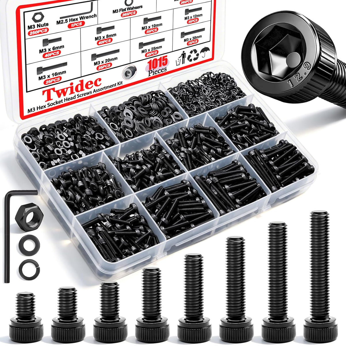 Twidec/1015PCS M3 Screws Assortment Kit,Hex Socket Cap Head Screws