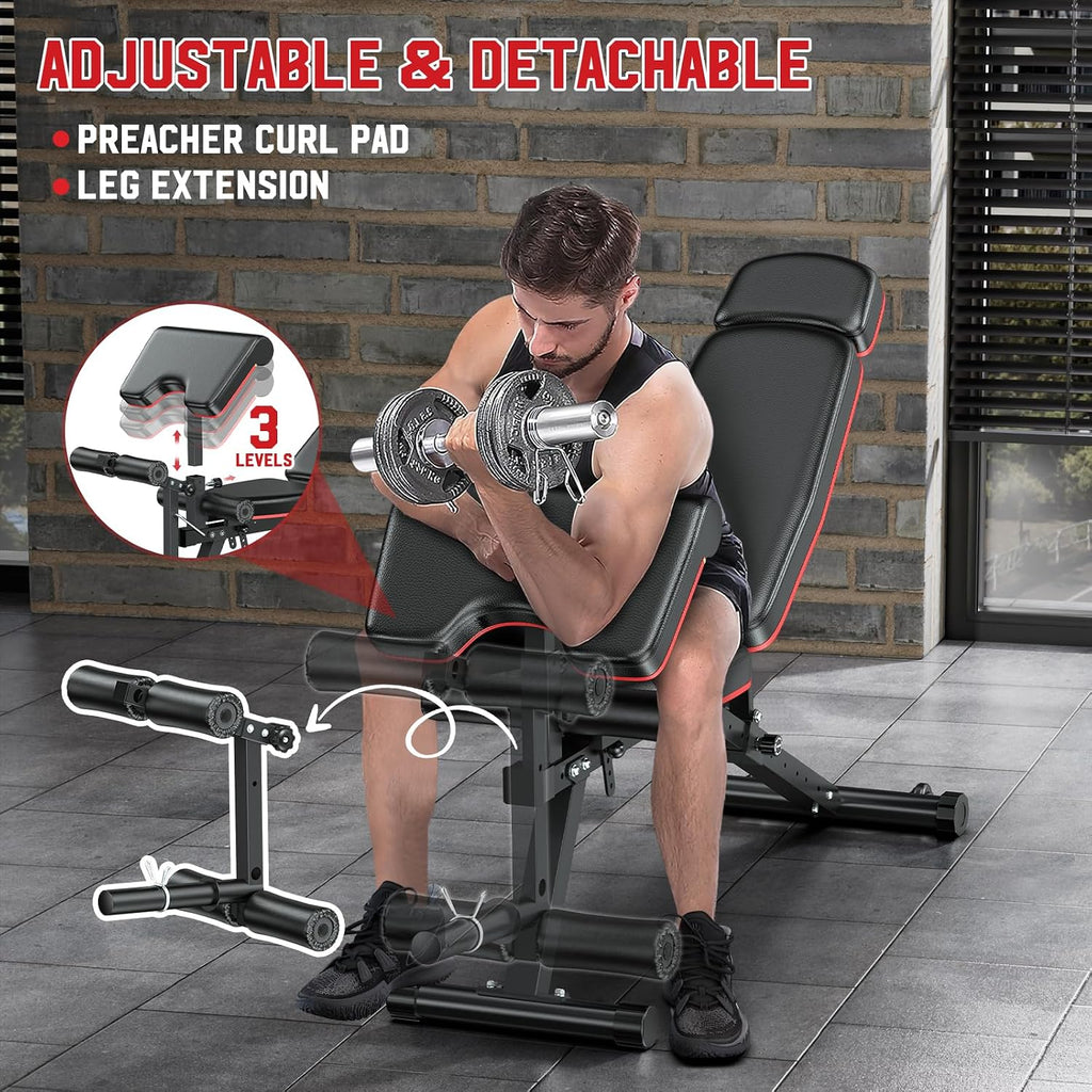 Workout Bench, Adjustable Weight Bench with Leg Extension and Leg Curl, Extended Headrest, 900LBS Preacher Curl Bench