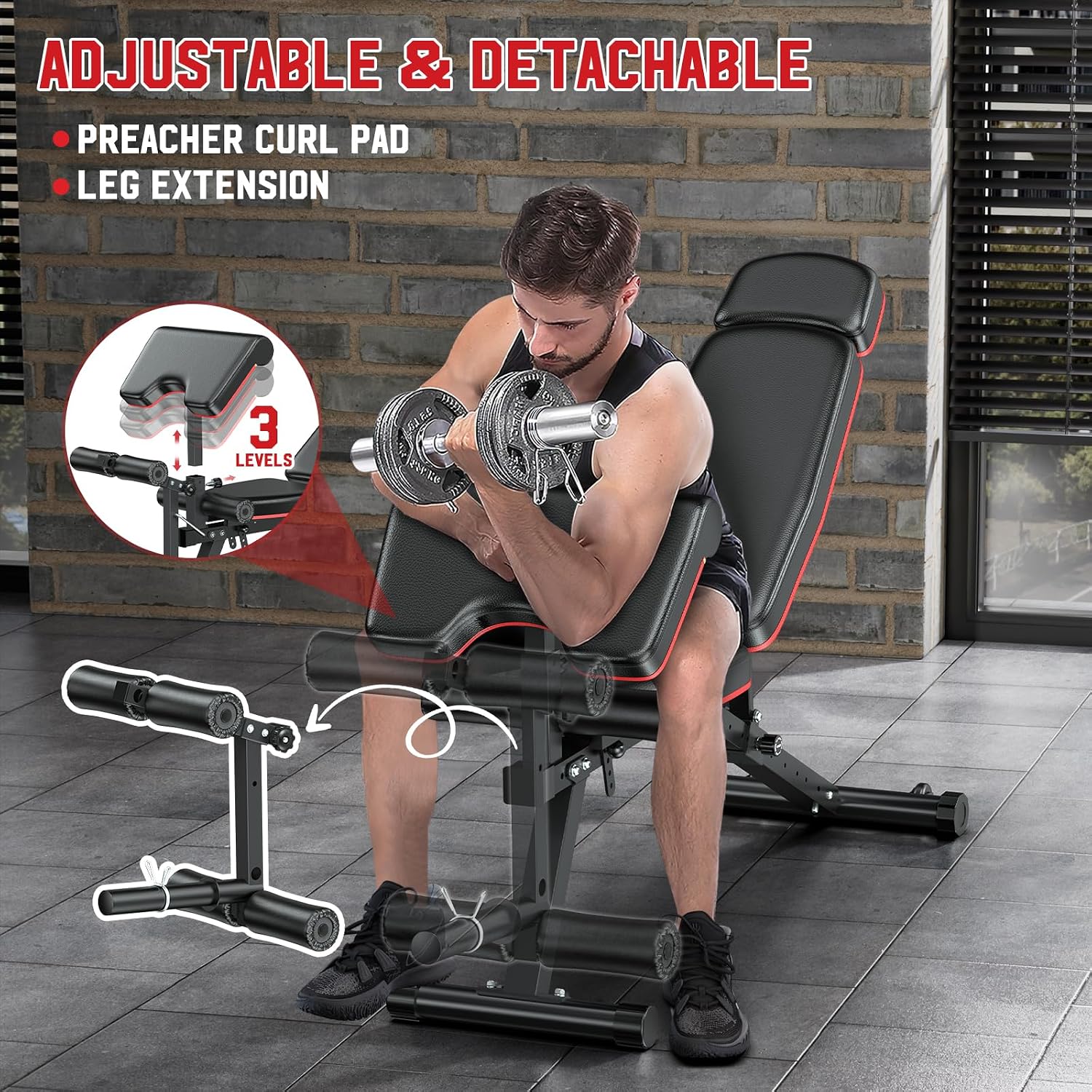 Workout Bench, Adjustable Weight Bench with Leg Extension and Leg Curl, Extended Headrest, 900LBS Preacher Curl Bench