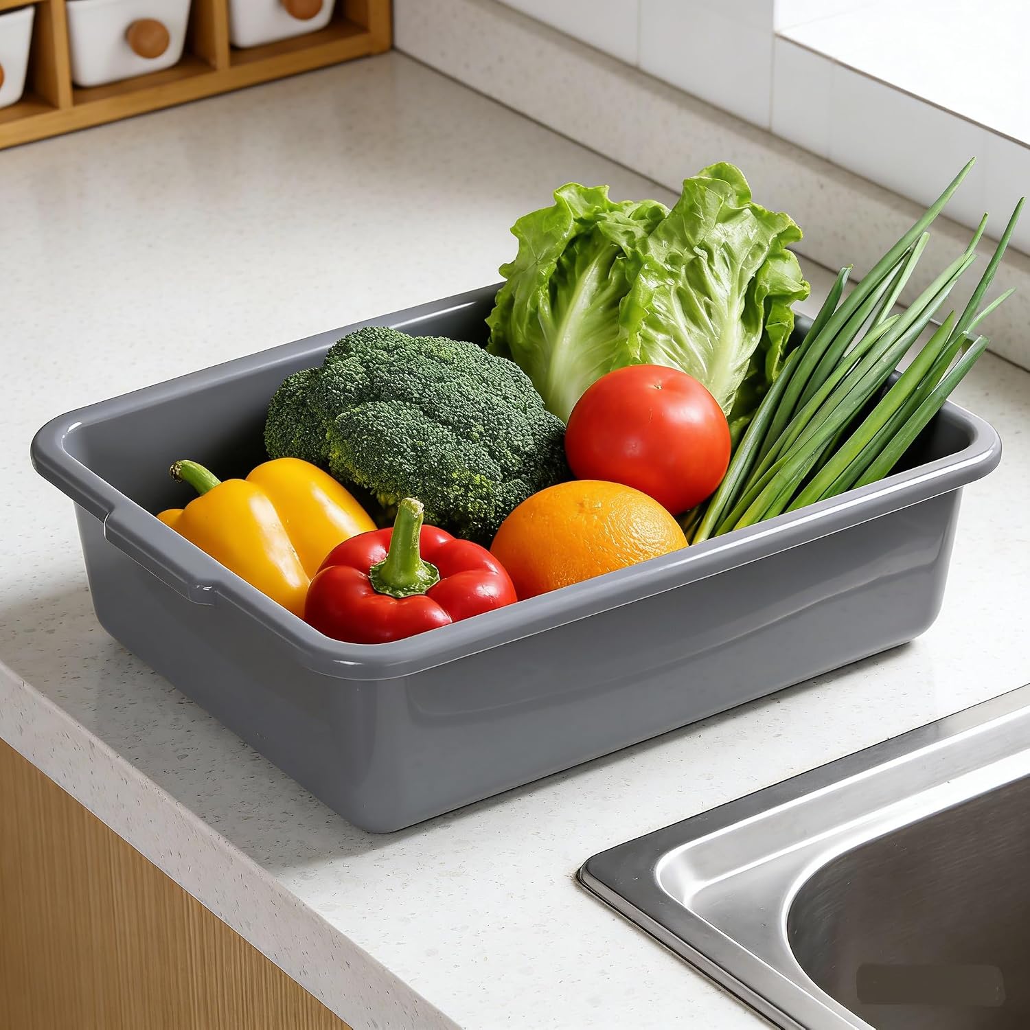 4-Pack Plastic Bus Tub/Bus Box, Grey Dish Tub 25L | Heavy Duty Utility Tub, Dishwashing Basin for Restaurant Kitchen