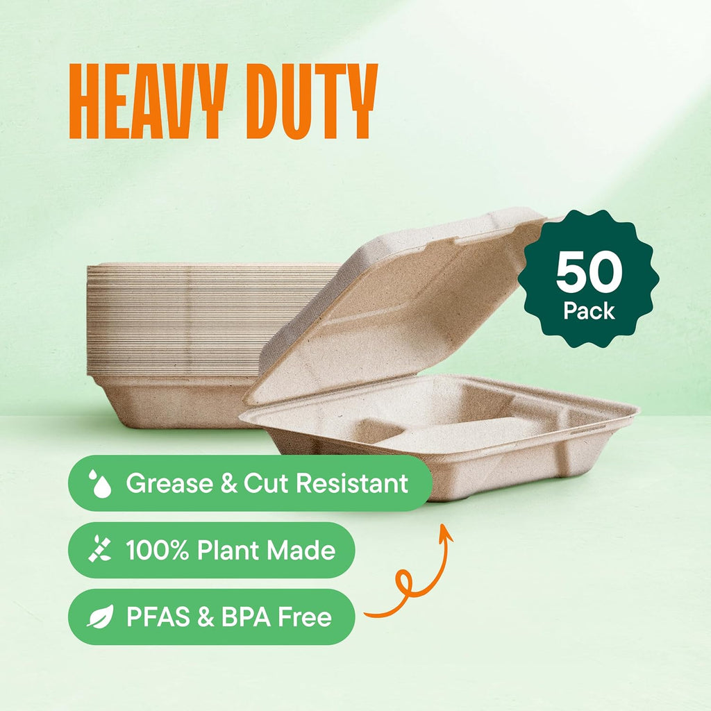 100% Compostable Clamshell Take Out Food Containers [8X8" 3-Compartment 50-Pack] Heavy-Duty Quality to go Containers