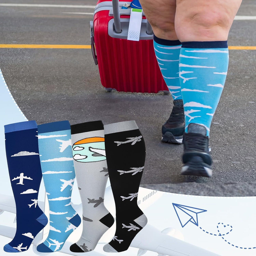 4 Pairs Plus Size Travel Compression Socks for Women Men 3xl Wide Calf Airplane Theme Knee High Compression Socks