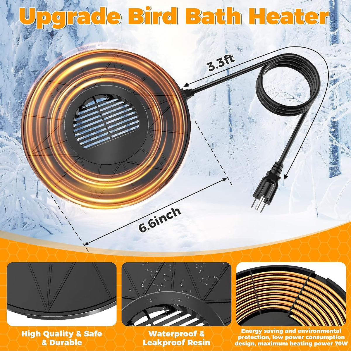 Bird Bath Heater, 70W Submersible Pond Deicer Bird Bath Deicer Birdbath Water Heater Thermostatic Control Power