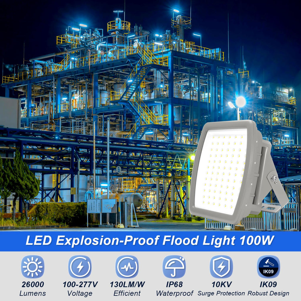 100W Explosion-Proof LED Flood Light, 5000K 13000LM, Class I Division 2