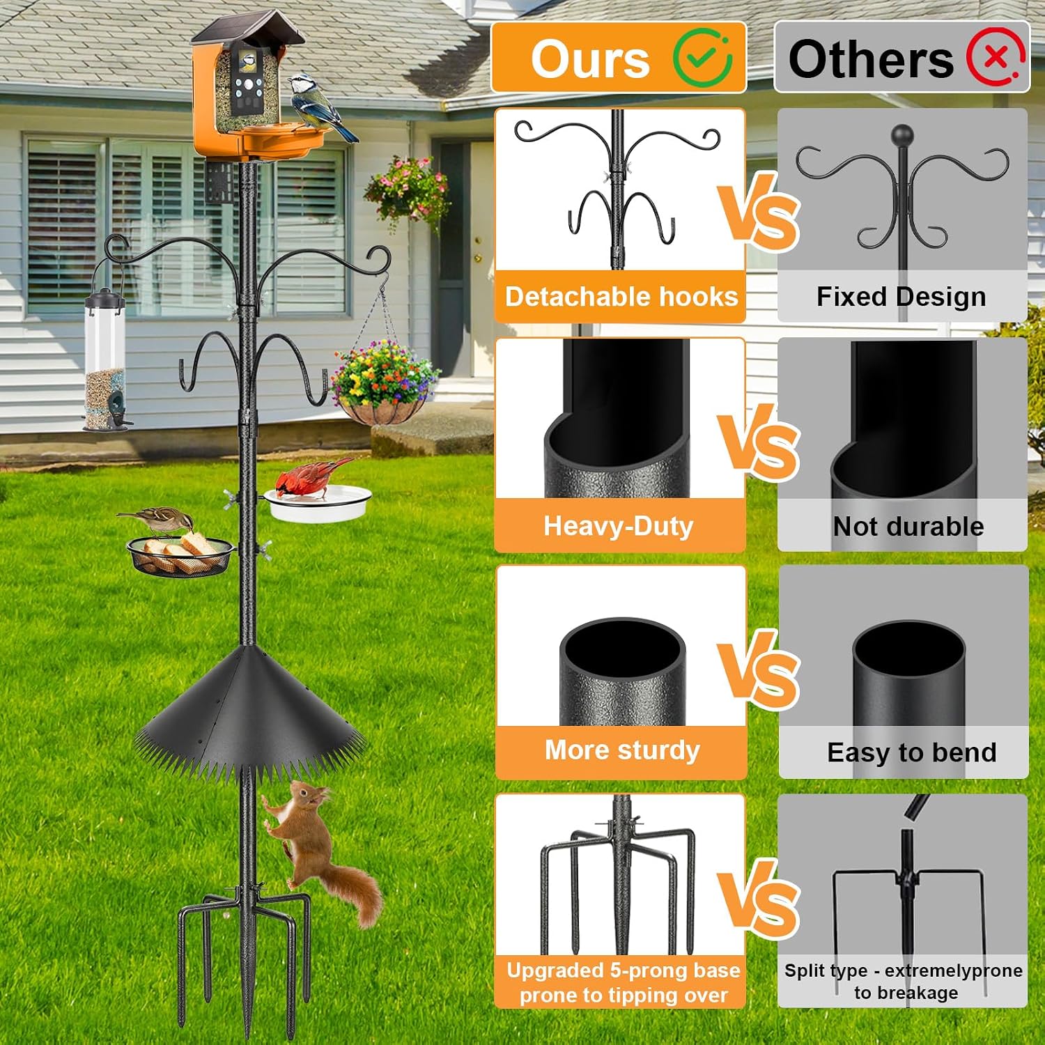 Bird Feeder Pole, 92 Inch Squirrel-Proof Bird Feeder Stand with 4 Shepherd Hooks, Water Bowl and Mesh Tray
