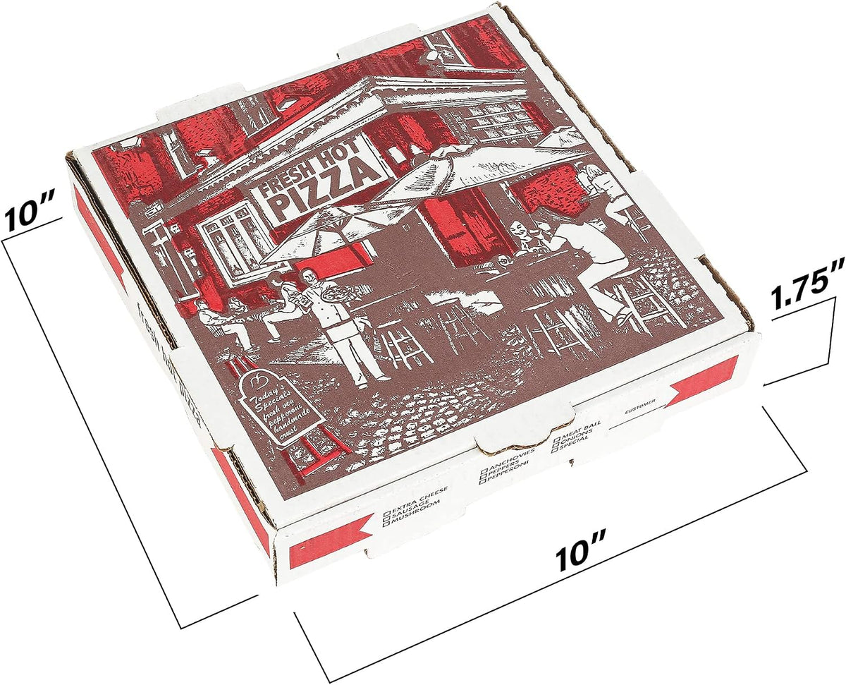 10" Length x 10" Width x 1.75" Depth Corrugated White-Red B-Flute Cardboard Pizza Box Keeps Pizza Fresh (10 Pieces)