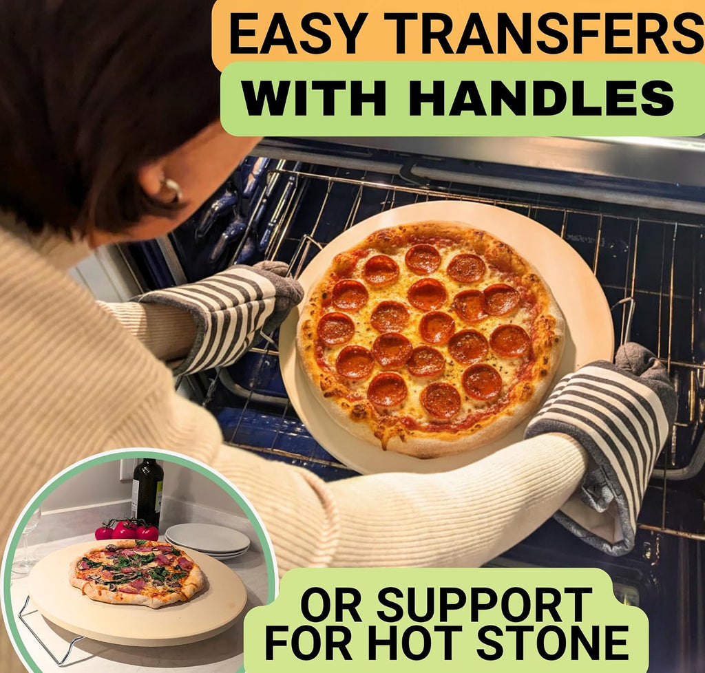 16 inch Baking Stone For Oven - Round Pizza Stone with Handles and Dough Tool - Baking Stone for Bread - Pizza Stones