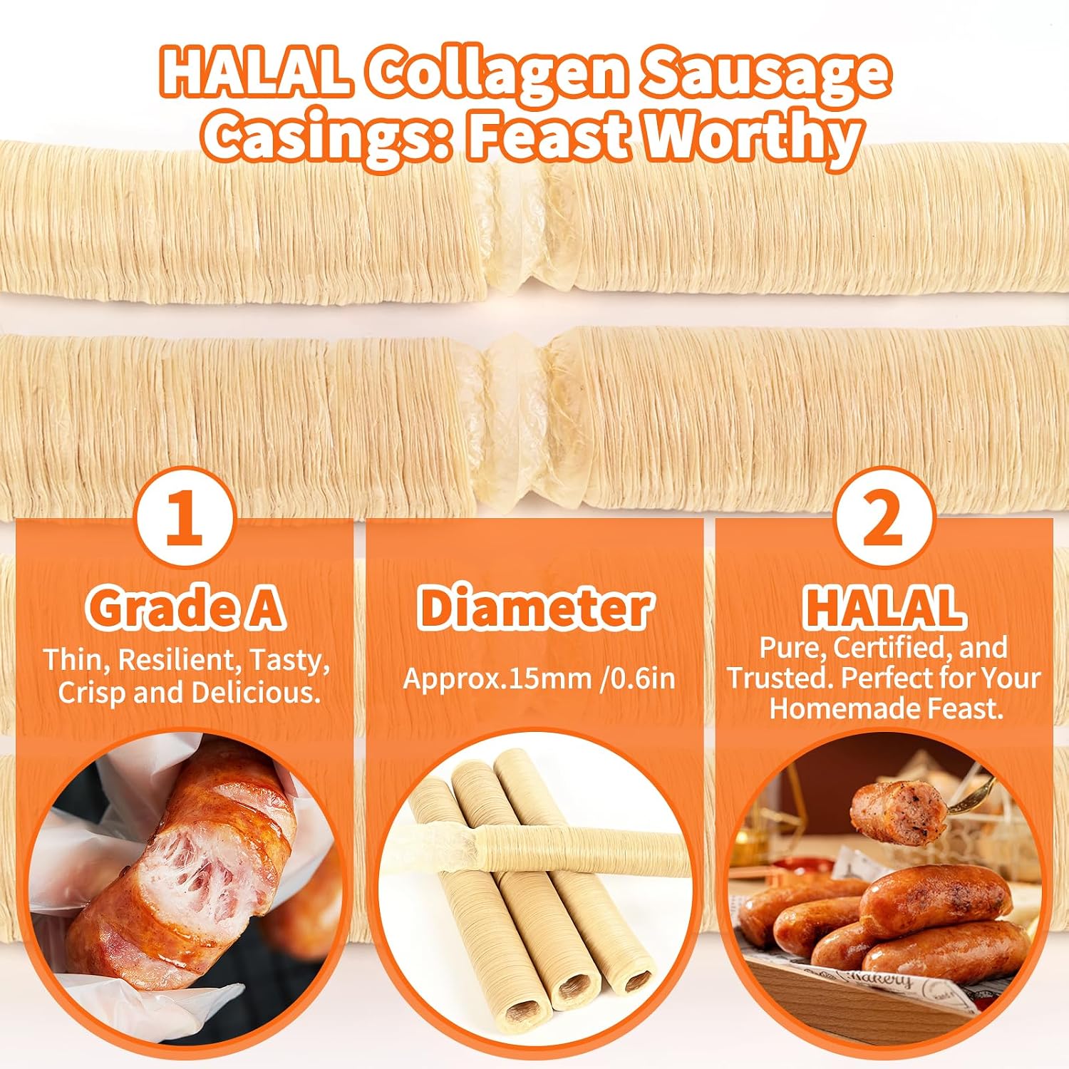 Collagen Sausage Casing,HALAL Edible Drying Sausage Casings 19mm for Hot Dog,Breakfast Sausage, Bratwurst,Chorizo and