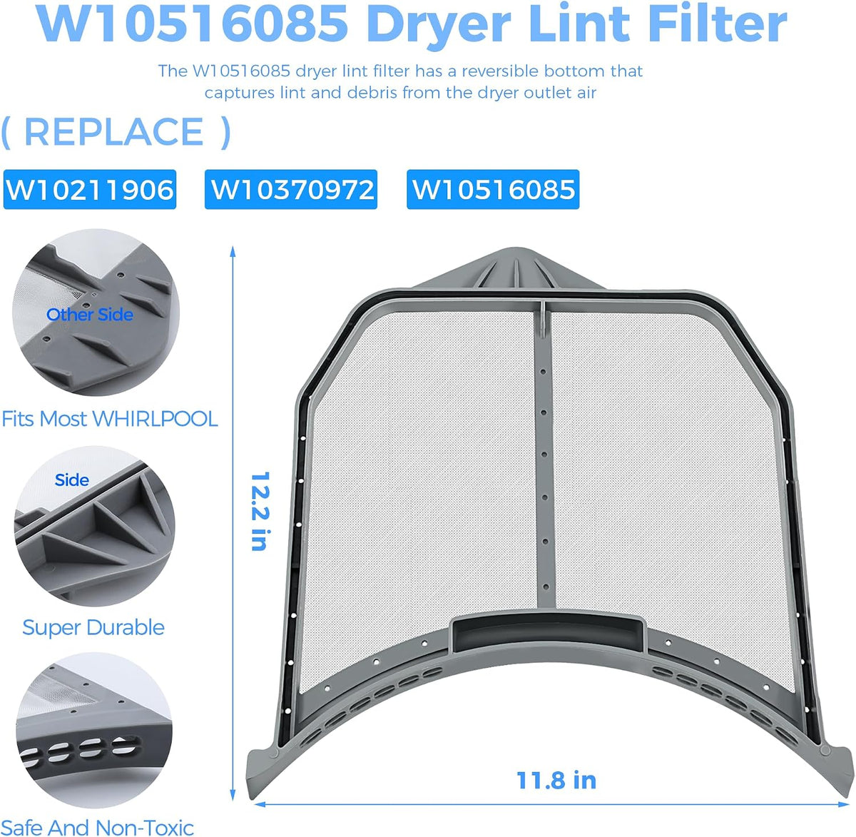 Upgraded W10516085 Dryer Lint Filter W11758174 For Whirlpool Dryer Lint Trap Filter Screen Replaces W10211906 W10370972 WPW10516085 3188345 AP6022545 PS11755878 EAP11755878 by Romalon