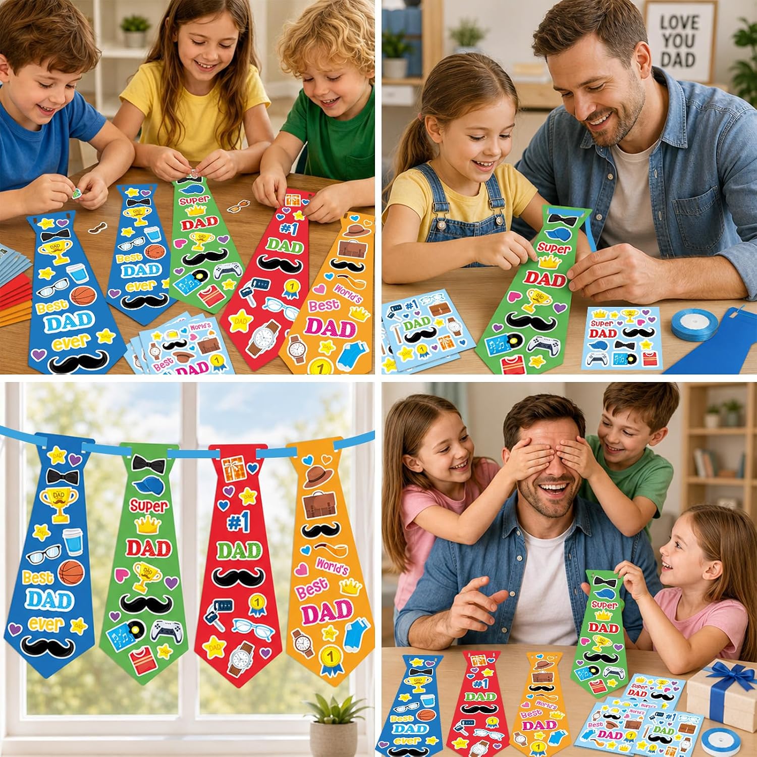 24 Set Father's Day Craft Kit for Kids Father's Tie Greeting Card with Stickers Best Dad Ever DIY Art Crafts Card