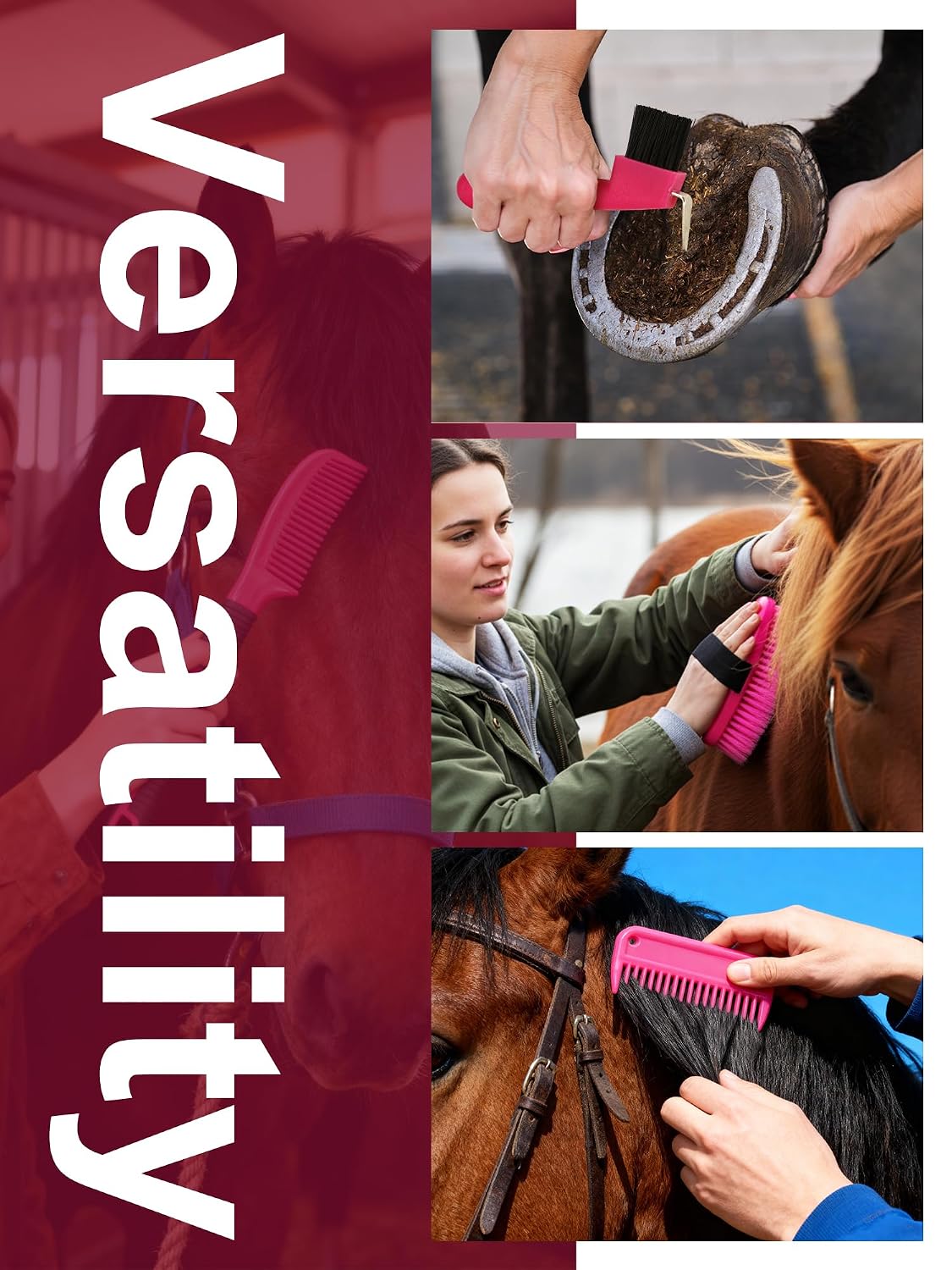 Horse Grooming Kit, Pink Storage Bag with 10 Piece Professional Equestrian Care Tools, Brushes, Combs, Scraper and