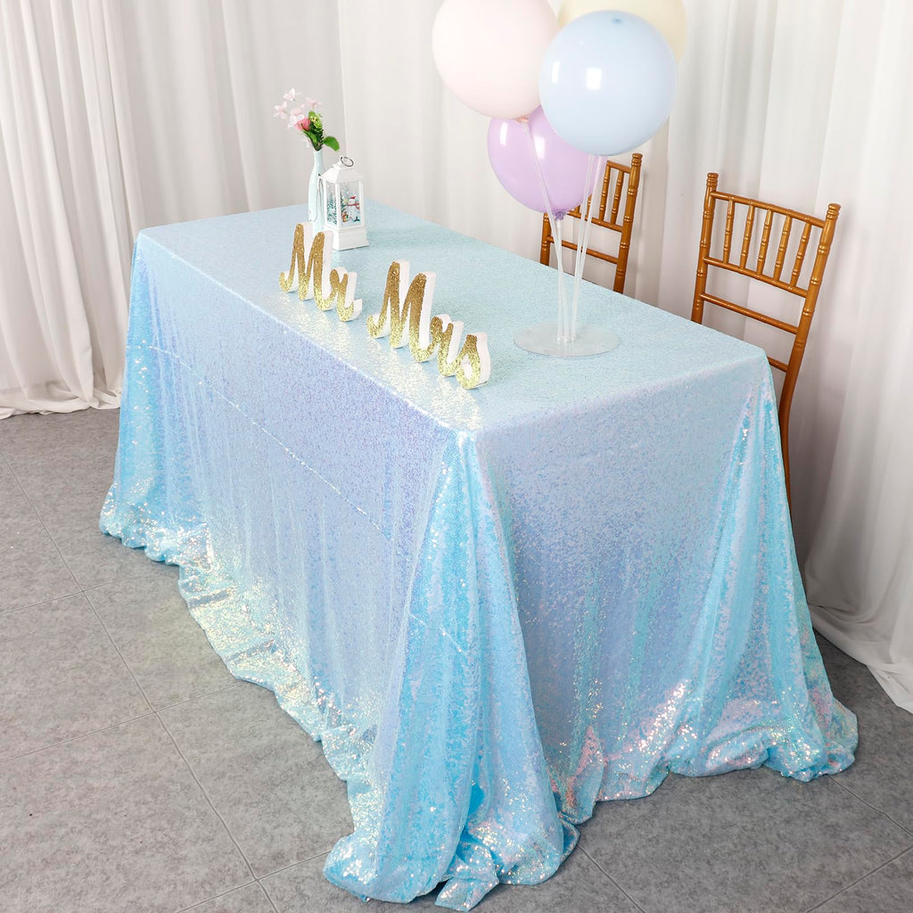 Aqua Tablecloth Rectangle 50X72 Inch Sequin Fabric Tablecloth Iridescent Aqua Sequin Tablecloth Overlay Glitter Table