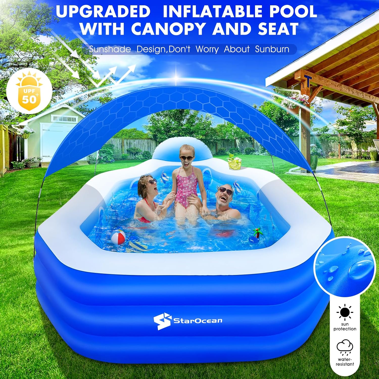 Inflatable Pool with Canopy, Large Inflatable Swimming Pool for Kids,Adult, Blow Up Pools with Seats,Backrest.Durable