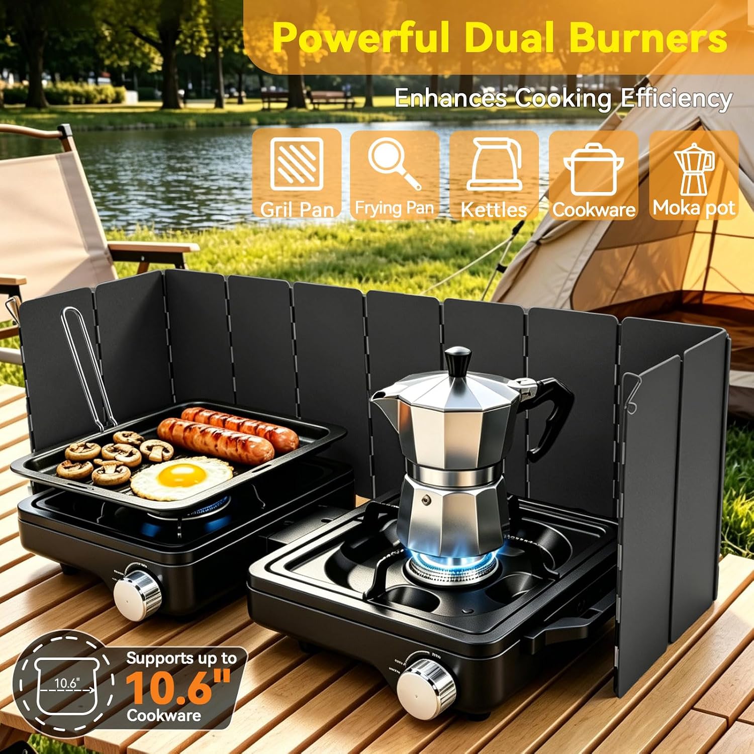 2 Burner Folding Camping Stove, 24000 BTU Propane Camp Stove with Windshield, Adjustable Burners Gas Stove with
