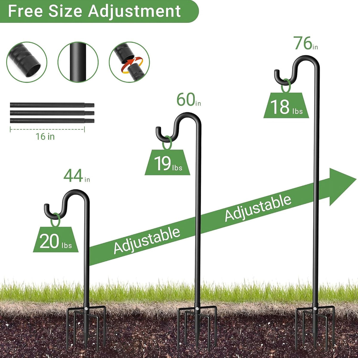 76" Shepherds Hooks for Outdoor, Extra Thick Bird Feeder Pole with 5 Prong Base, Adjustable Shepards Hook for Garden