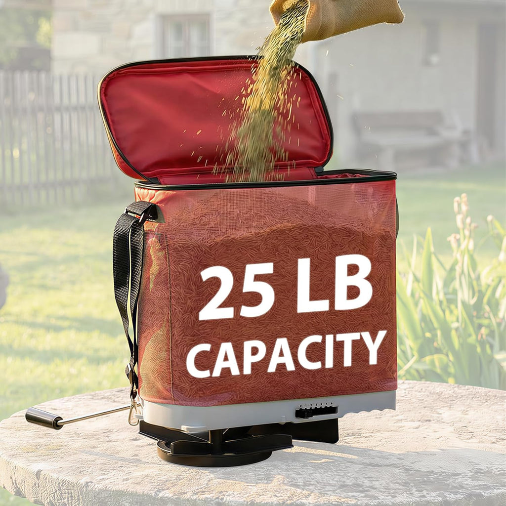25 lb Bag Seed Spreader, Handheld Broadcast Fertilizer Spreader, Red | Waterproof Bag, Enclosed Gears, Rear Baffle