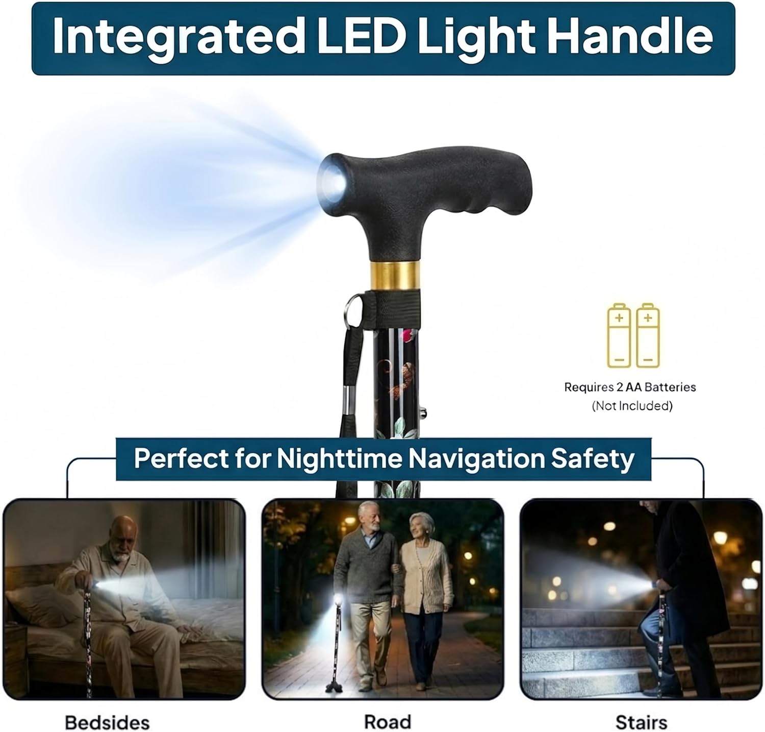 Walking Cane with LED Light, Foldable,Adjustable, Self Standing Walking Canes for Men & Women,Walking Sticks with
