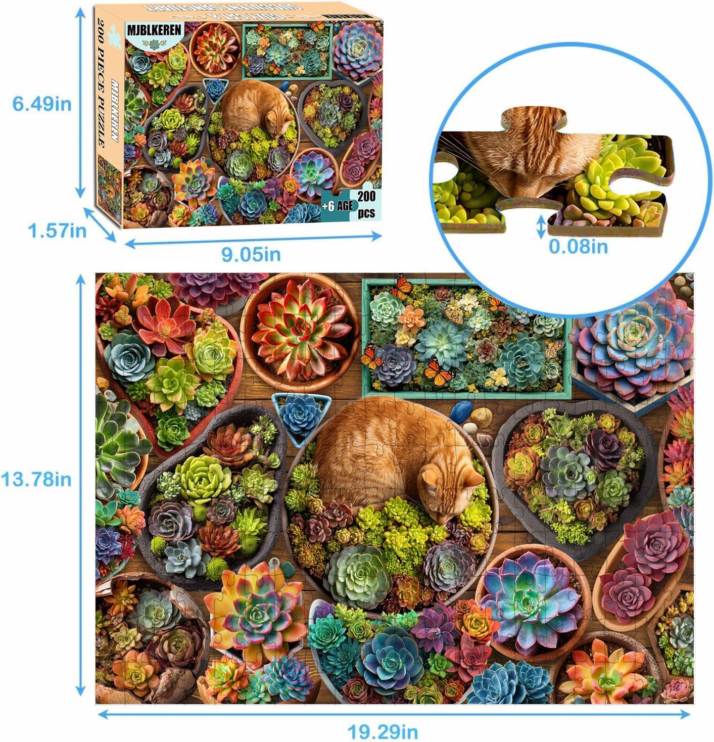 Puzzles for Kids Ages 6-8 8-12 Year Old - Succulent and Orange Cat Puzzle, 200 Pieces Jigsaw Puzzles for Kids