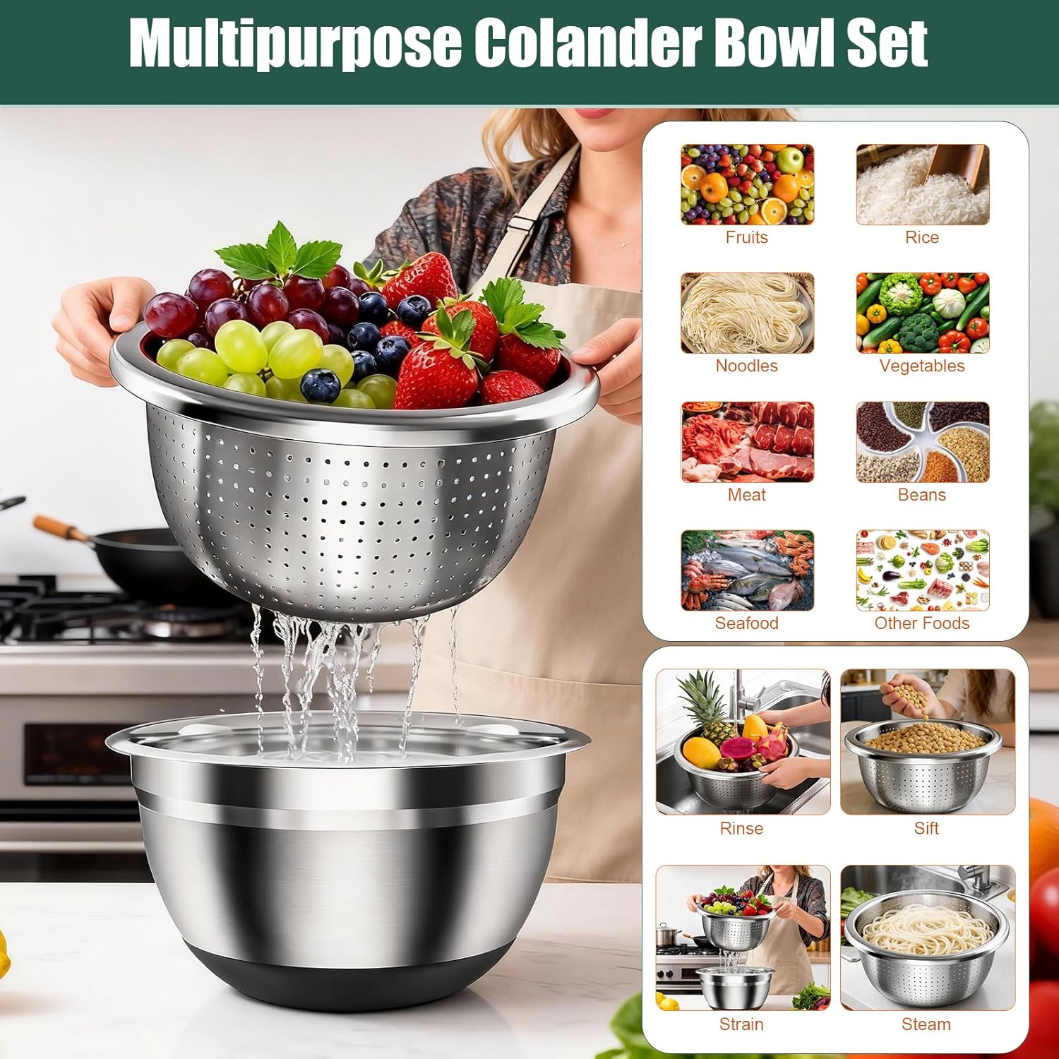 Stainless Steel Mixing Bowls Set with Lids & Silicone Base - 7-Piece Kitchen Gadgets Includes Colander, Grater, Egg