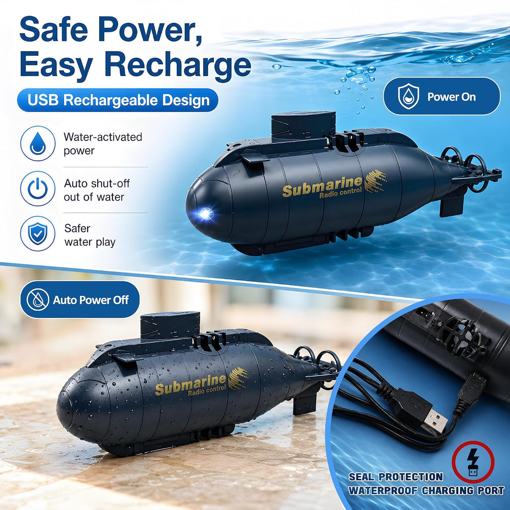 Mini RC Submarine for Kids, Remote Control Electric Dive Boat with Lights | STEM Water Toy for Pool, Bathtub and