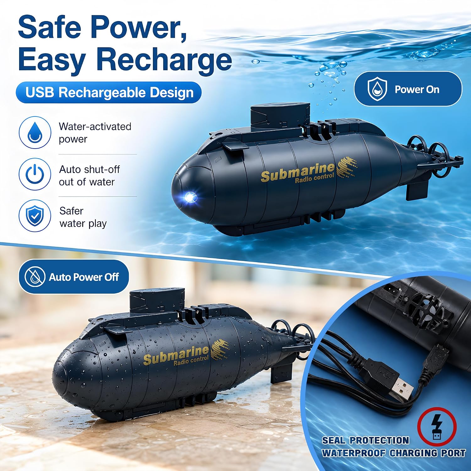 Mini RC Submarine for Kids, Remote Control Electric Dive Boat with Lights | STEM Water Toy for Pool, Bathtub and