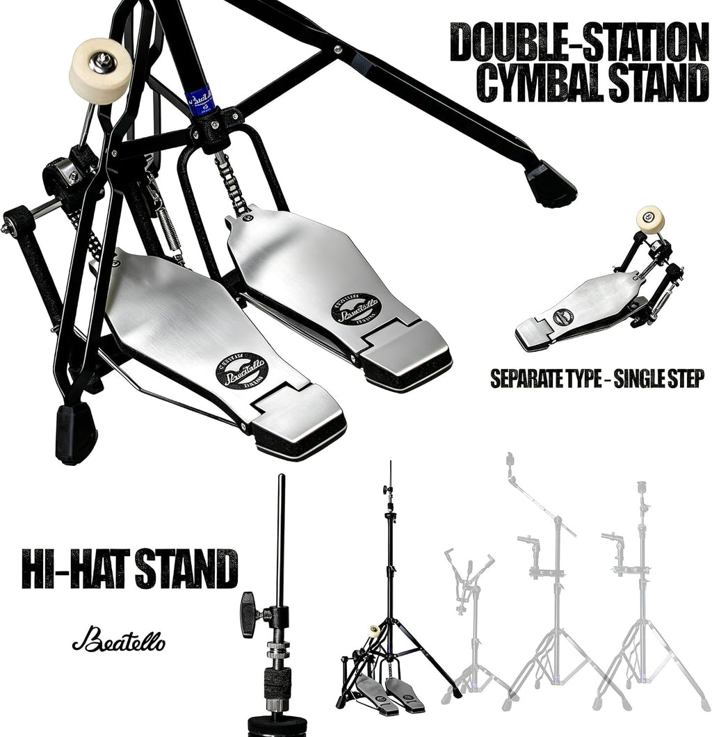 5-Piece Drum Hardware Pack with Bass Pedal - Heavy Duty Alloy Stands, Tom Holders & Multi Clamps, Tool-Free Adjust