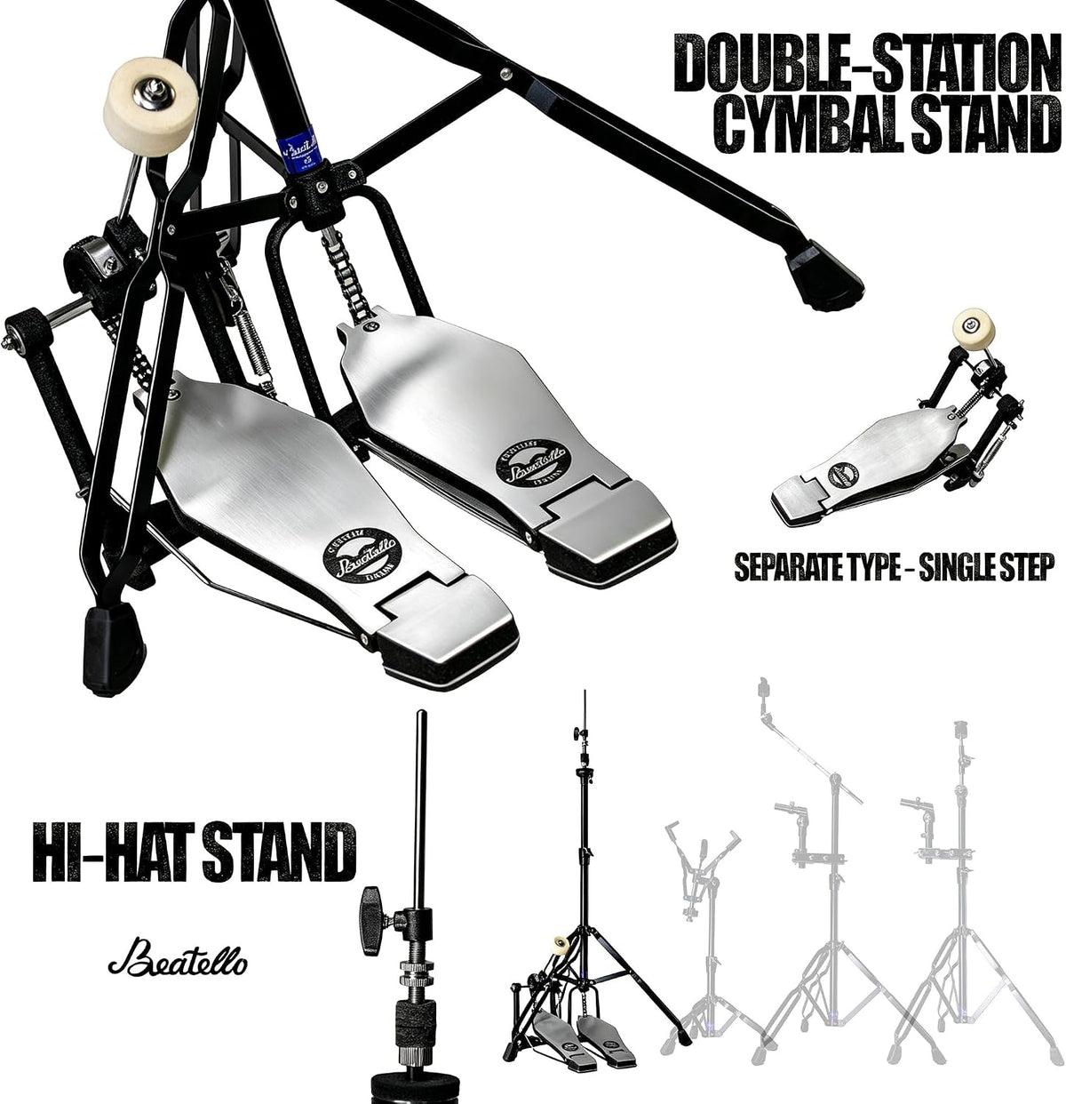 5-Piece Drum Hardware Pack with Bass Pedal - Heavy Duty Alloy Stands, Tom Holders & Multi Clamps, Tool-Free Adjust