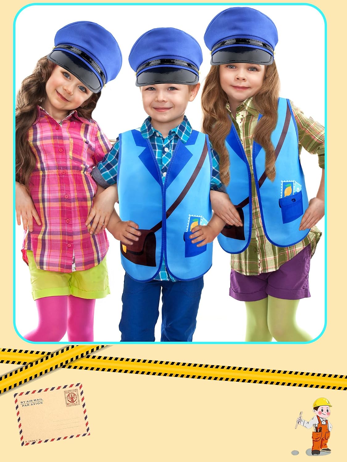 Kids Mailman Costume Set Postman Vest Hat Envelopes Mail Carrier Dress Up for Boys Girls Career Day Halloween Pretend